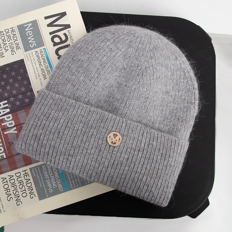 针织帽女秋冬兔毛m标字母毛线帽加绒白色保暖毛线帽子护耳冬季潮