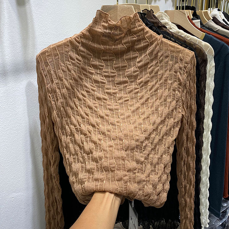 半高领褶皱蕾丝长袖打底衫 水波纹仙气小衫微透网纱内搭薄上