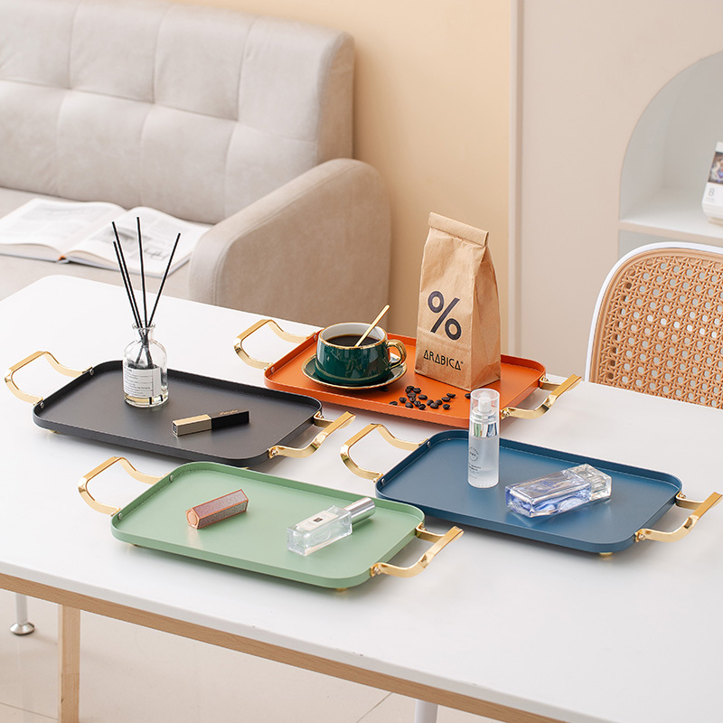 北欧复古双耳不锈钢彩色托盘 咖啡水杯平底方盘 饰品收纳置物盘