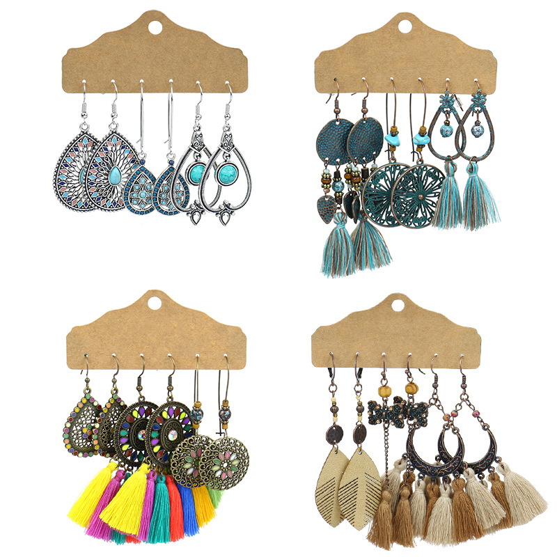 亚马逊波西米亚风流苏耳环套装欧美太阳花手工绕线几何耳饰批发女