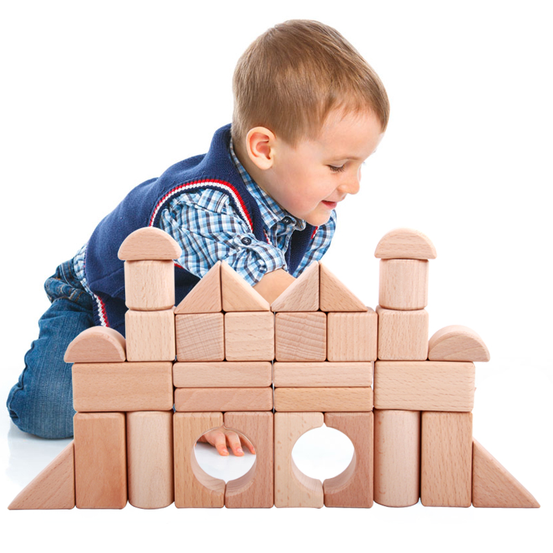 32颗粒木制大块原木色婴幼儿可啃咬儿童早教益智堆搭积木进口榉木