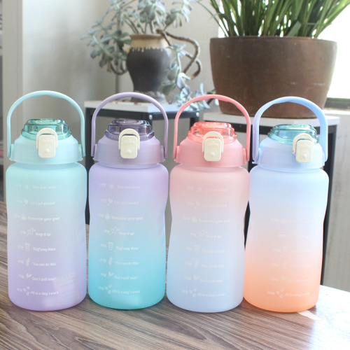 2000ml internet celebrity large water cup sandblasting gradient color women‘s kettle outdoor sports space cup bounce cover belt handle