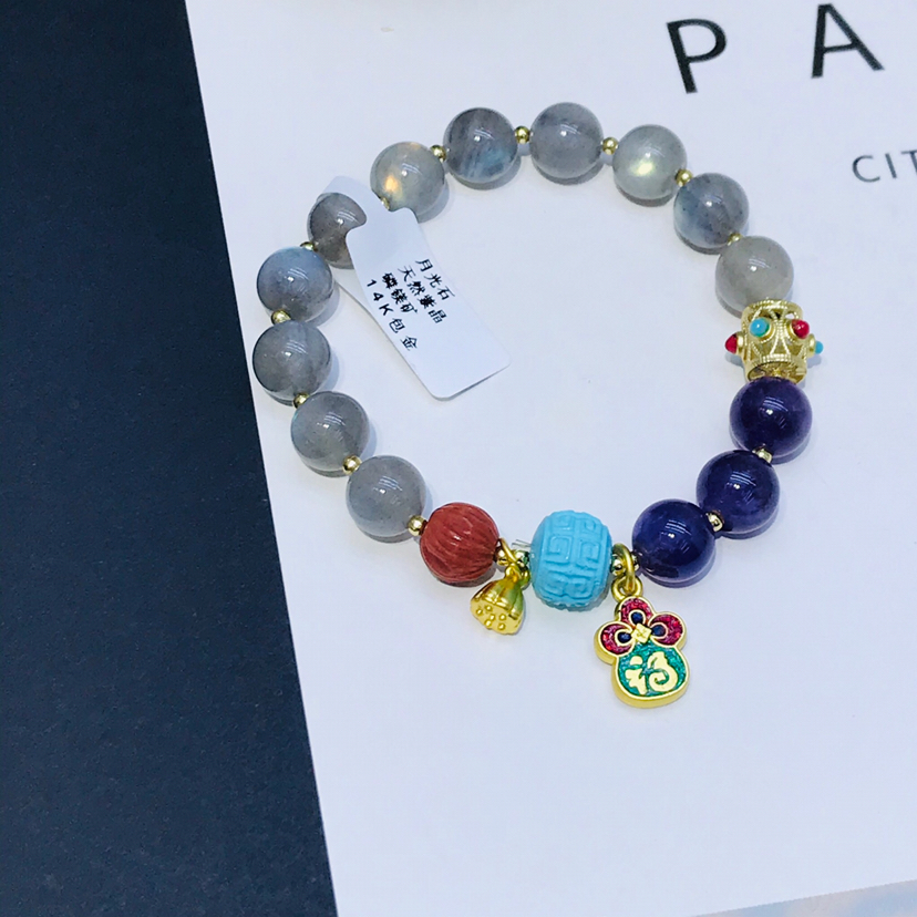 天然灰月光紫水晶手链女 搭配福牌吊坠手串 个性潮流 送礼首选