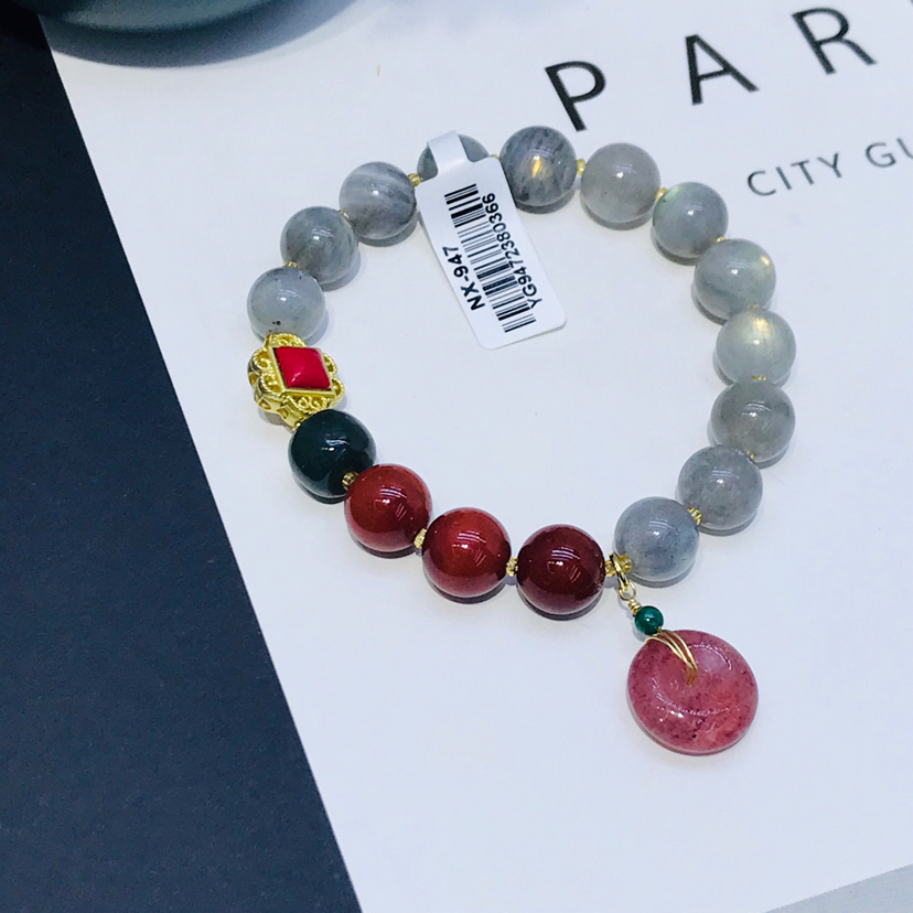 天然灰月光 南红手链女 搭配草莓晶吊坠手串 个性潮流时尚手饰