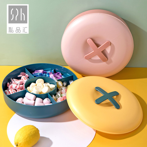 Ins Contrast Color Button Fruit Box Plastic Candy Box with Lid Snack Box Household Grid Melon Seeds Nut Plate Dried Fruit Plate