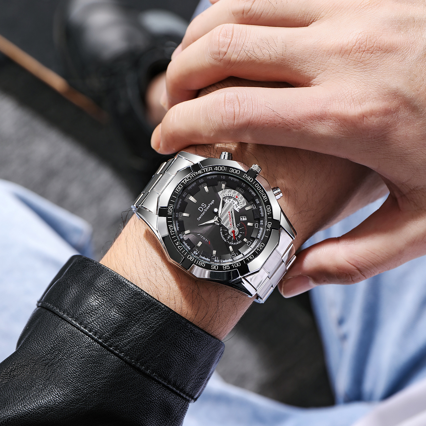 新款钢带男士防水日历霸气 商务休闲学生非机械石英手表 可代发