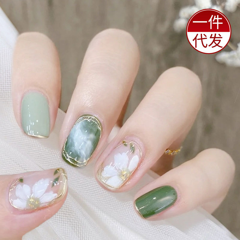 假指甲贴穿戴甲美甲成品甲片指甲贴片夏日山茶花甲片绿色穿戴甲片