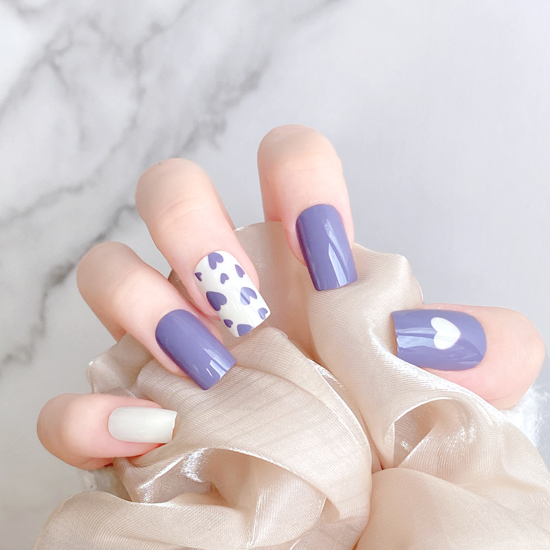 网红小仙女新款雾霾紫手绘爱心美甲贴片 超薄自然贴合可拆卸甲片