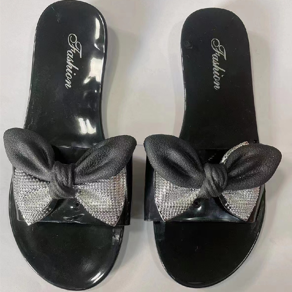 拖鞋女夏季新款ins时尚百搭蝴蝶结水钻一字拖外出沙滩防滑凉拖鞋