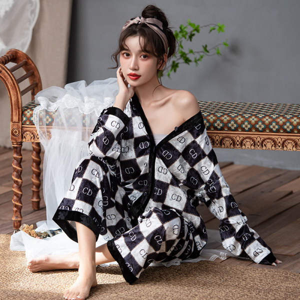 网红新款格子睡衣女士春秋冬季金丝绒V领长袖开衫可外穿家居服女