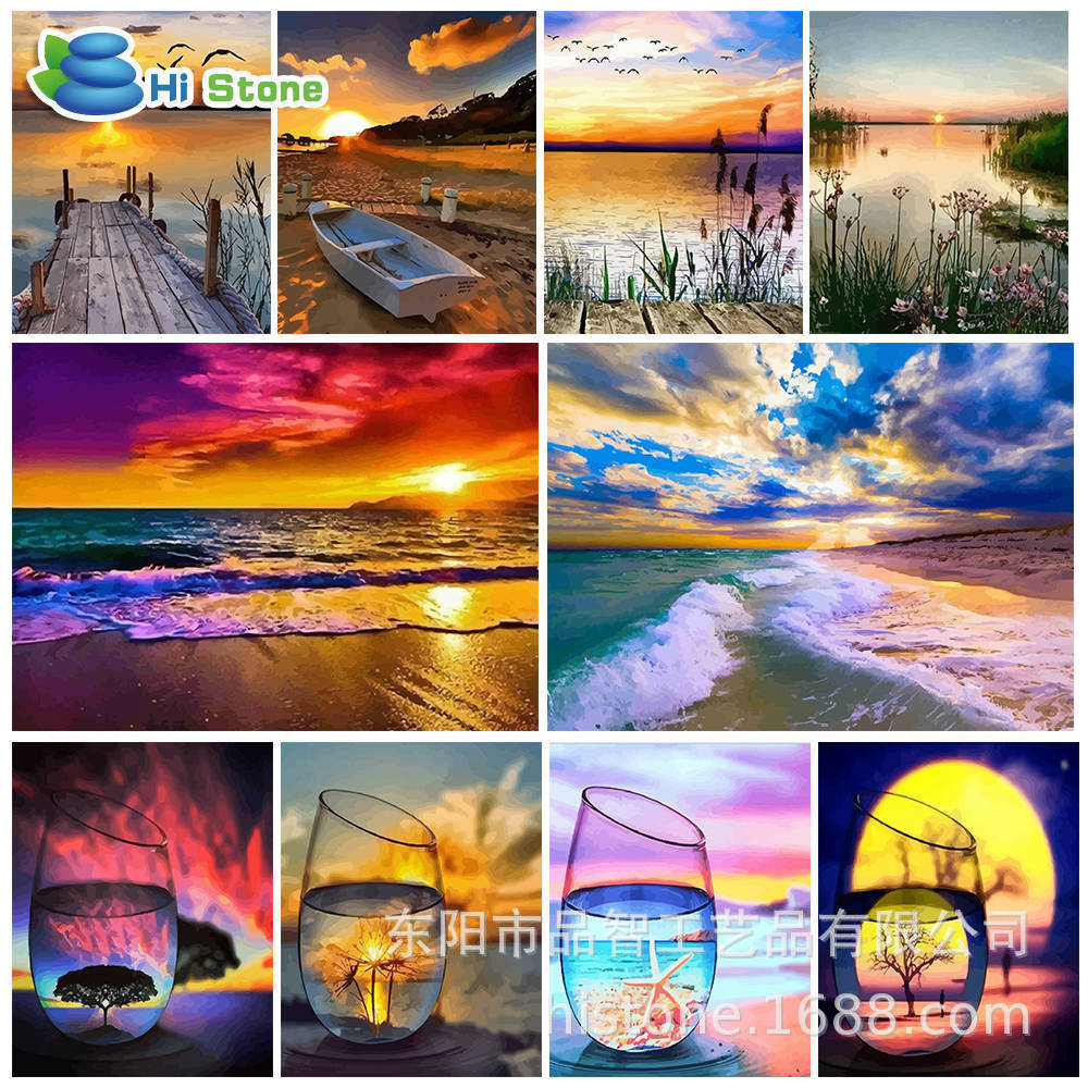 跨境diy数字油画定制装饰油画手绘无框风景挂画填色海边日落水杯