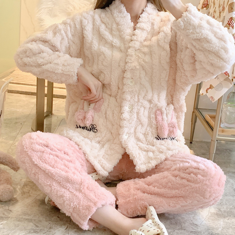加厚珊瑚绒开衫睡衣秋冬季学生ins甜美两件套装法兰绒保暖家居服