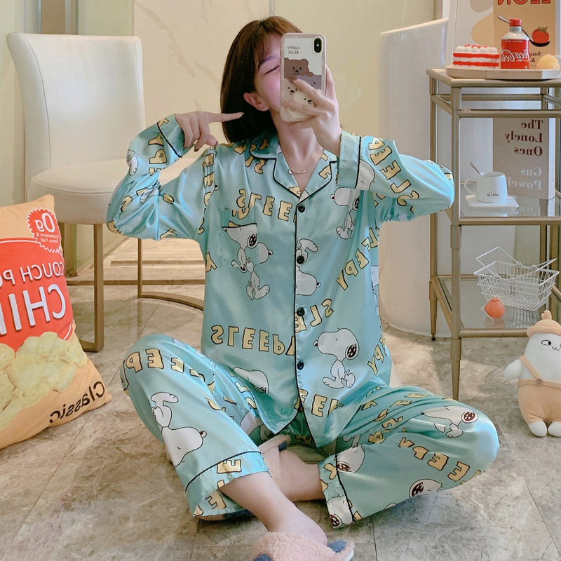 外贸跨境韩版卡通冰丝睡衣女长袖开衬薄款高级感仿真丝甜美家居服
