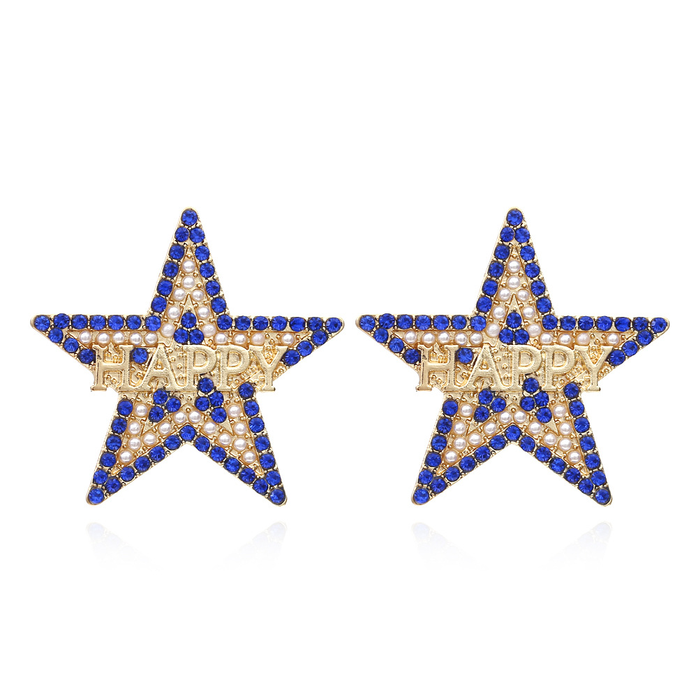 欧美新款时尚五角星珍珠耳钉镶钻滴油耳环锌合金个性气质流行耳饰