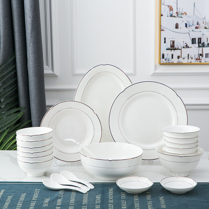 散件批发时尚双线餐具厂家直销可加logo家用酒店陶瓷饭碗菜盘碟子