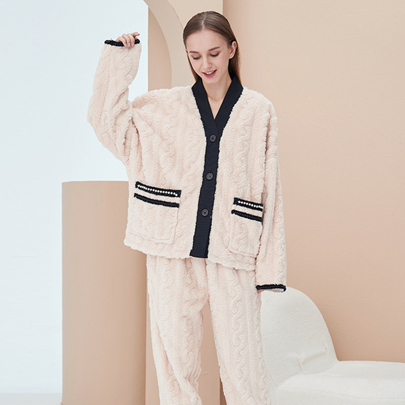 冬季睡衣女珊瑚绒居家服法兰绒睡衣套装睡裤开衫情侣家居服可代发