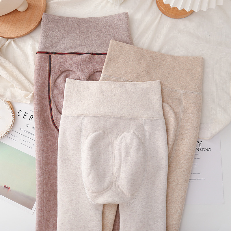 高腰收腹打底裤袜女秋冬外穿加绒燕麦色连裤袜竖条纹显瘦打底袜棉