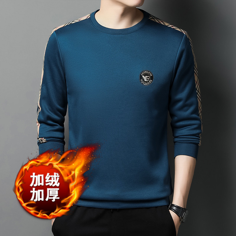 冬季新品男式圆领加绒卫衣 刺绣男装加厚保暖打底衫批发
