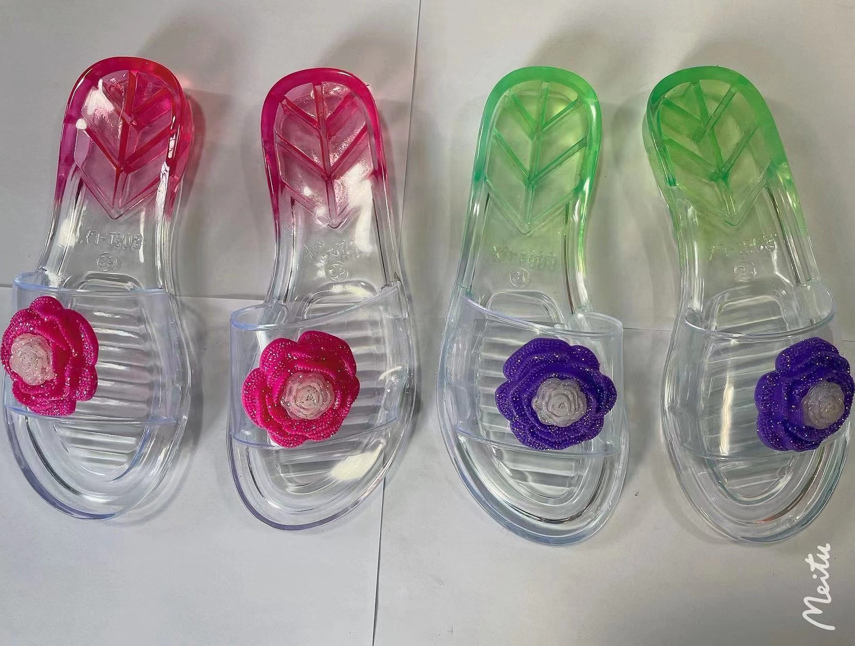 水晶拖鞋女夏网红ins韩版外穿沙滩凉拖鞋花朵渐变一字平底拖鞋