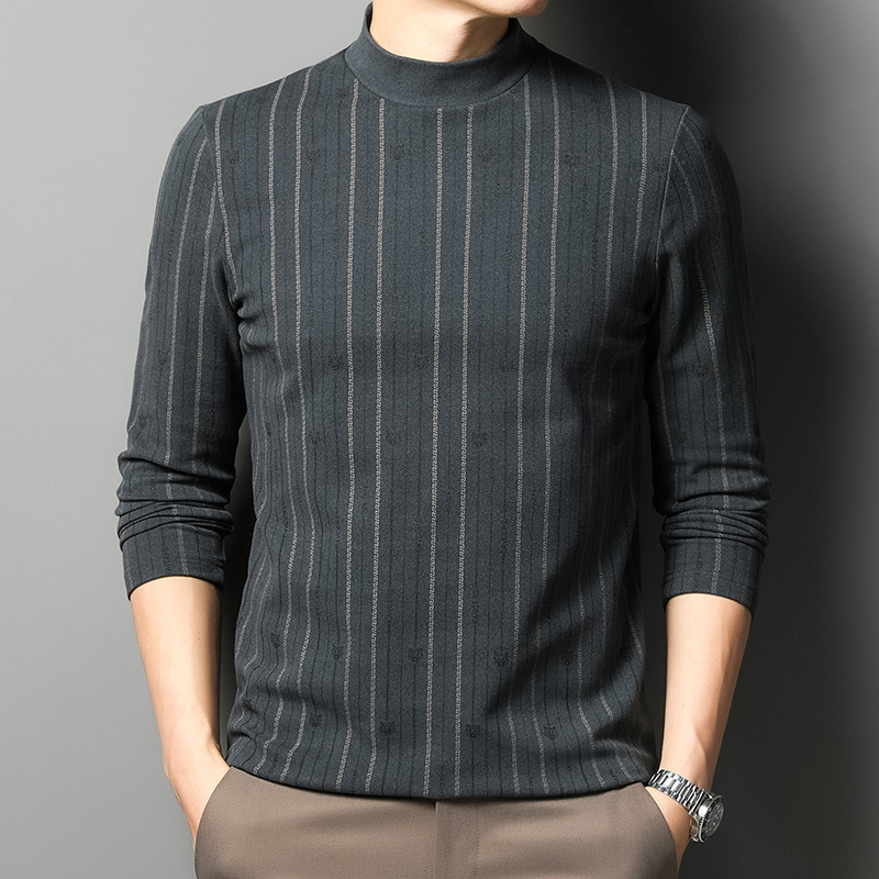 2021秋冬男士圆领双面绒保暖内衣男装印花磨毛条纹打底衫绒德上衣