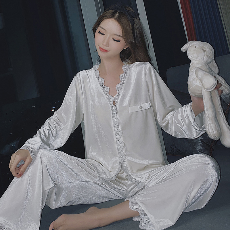 新款金丝绒睡衣女秋冬性感蕾丝V领韩版长袖长裤套装家居服可外穿