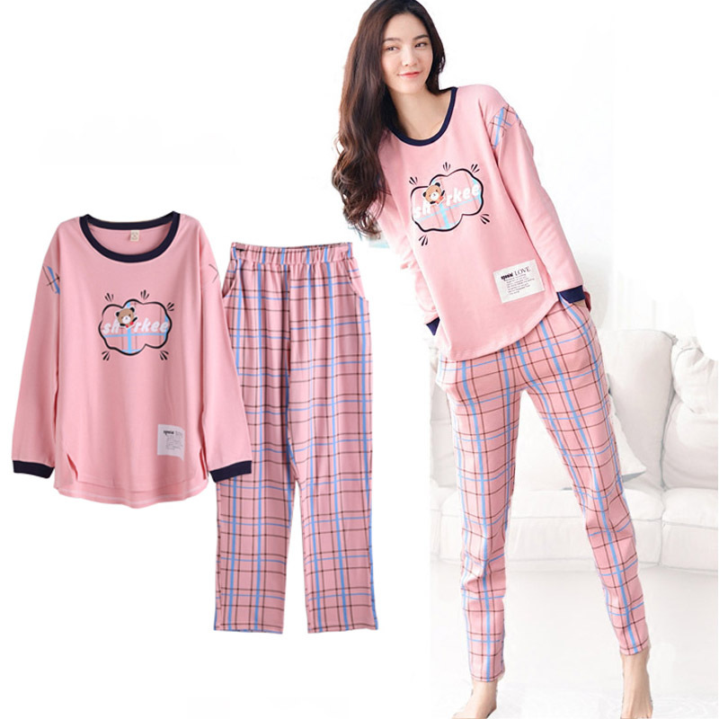 100%纯棉睡衣女春秋季纯棉长袖甜美全棉家居服套装韩版圆领100%棉