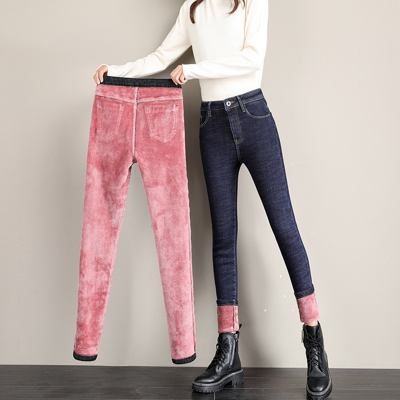 加绒牛仔裤女高腰弹力小脚裤2021冬季保暖修身显瘦带绒铅笔长裤