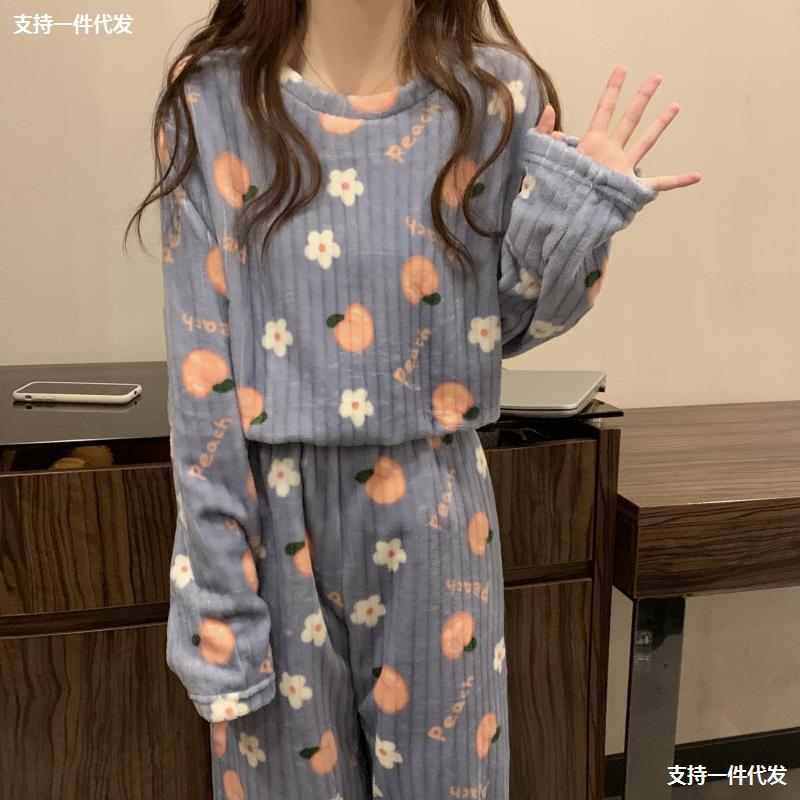 新款水蜜桃珊瑚绒睡衣女加厚宽松大码休闲居家服网红套装一件代发
