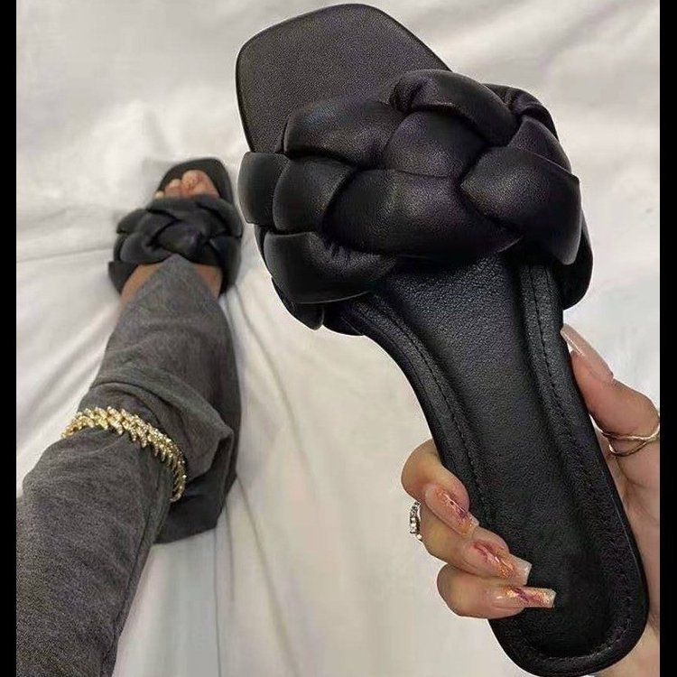 外贸大码凉拖鞋女2021夏季新款时尚欧美海绵编织一字型外穿凉拖鞋