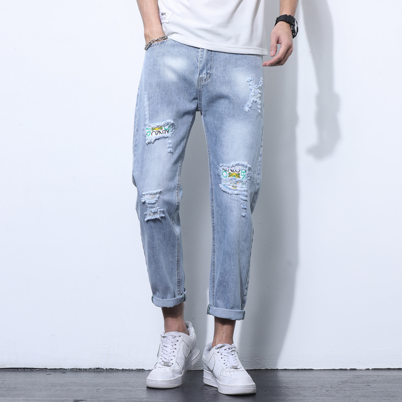 九分裤男2021夏季新款帅气小脚裤子韩版修身破洞牛仔裤男士休闲裤