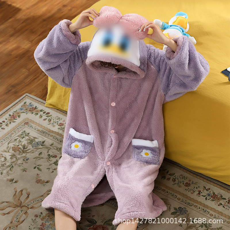 唐老鸭睡袍睡衣长袖秋冬季女情侣苏棉绒珊瑚绒加厚家居服套装