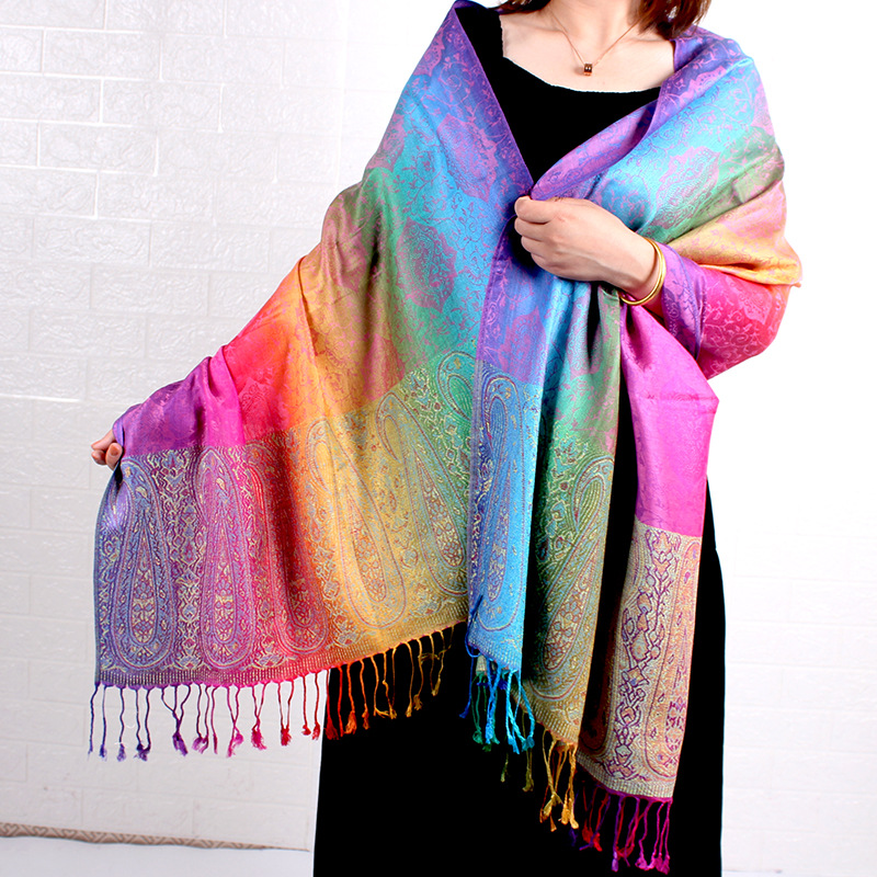 民族风春秋混搭围巾两用提花彩色腰果长巾旅游拍照披肩女包头巾