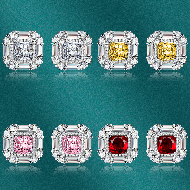 S925银针彩色几何方形耳钉小巧精致时尚石榴红耳饰个性百搭耳环女