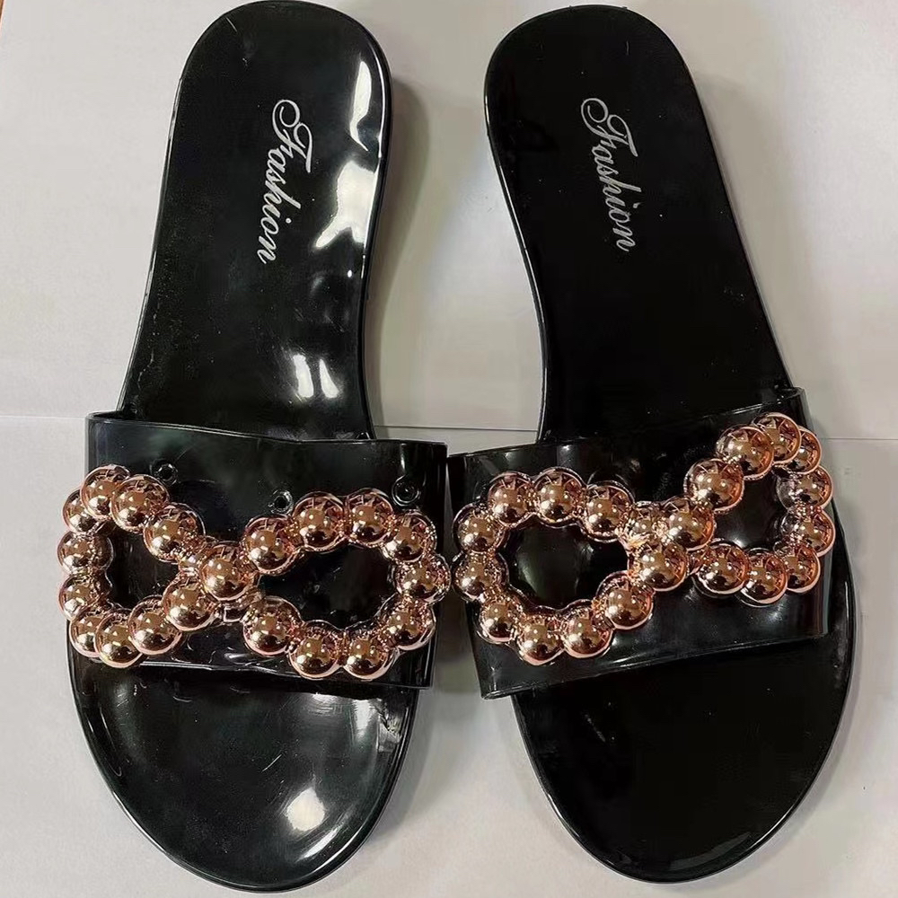 拖鞋女夏新款ins韩版时尚百搭金属链条一字拖外出沙滩防滑凉拖鞋