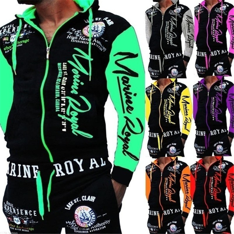 外贸青年流行新款男式运动服套装休闲慢跑字母印花连帽长袖拉链衫