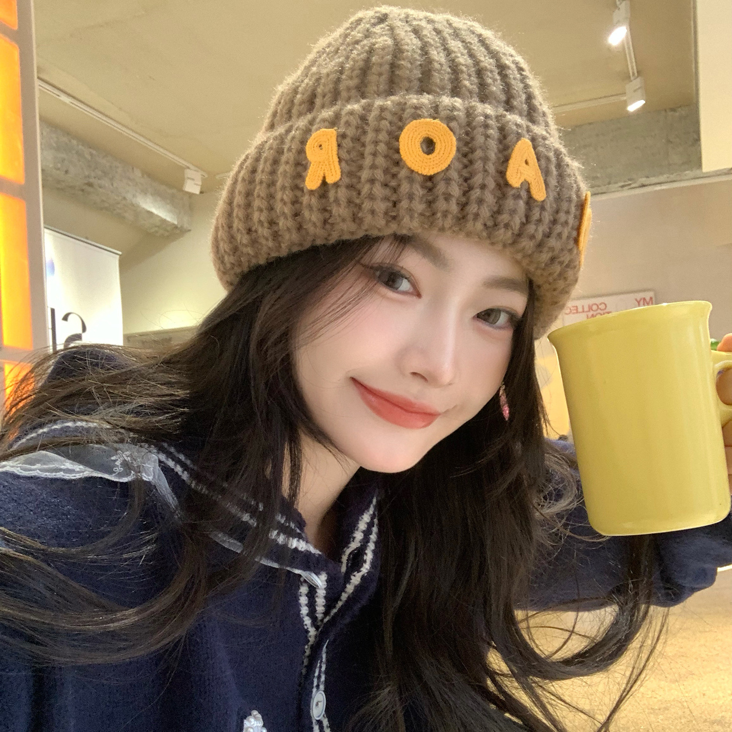 字母毛线帽女冬大头围可爱针织线帽ins潮百搭粗毛线帽子