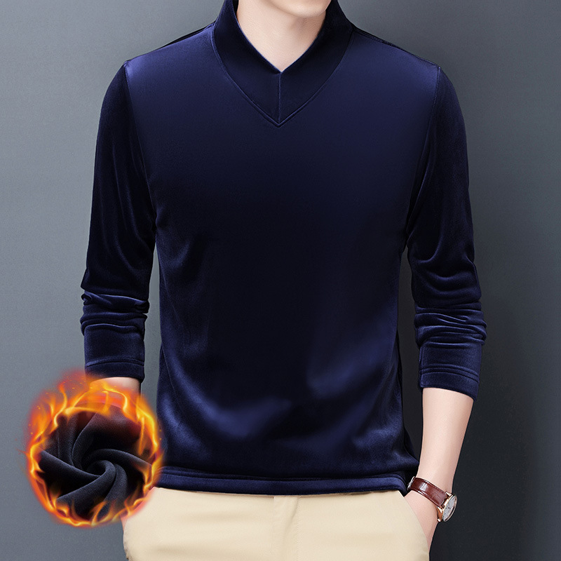 秋冬新款长袖T恤男装仿羊羔绒卫衣中青年男士套头V领打底衫纯色