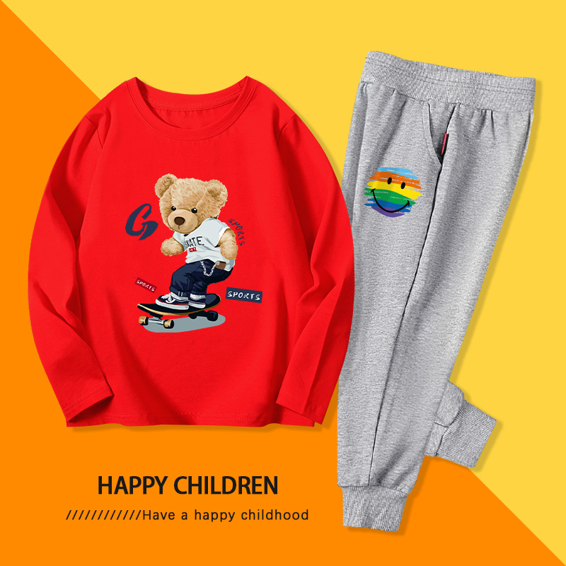 男童套装 童装2021秋季 韩版新款 纯棉印花t恤儿童休闲长裤两件套