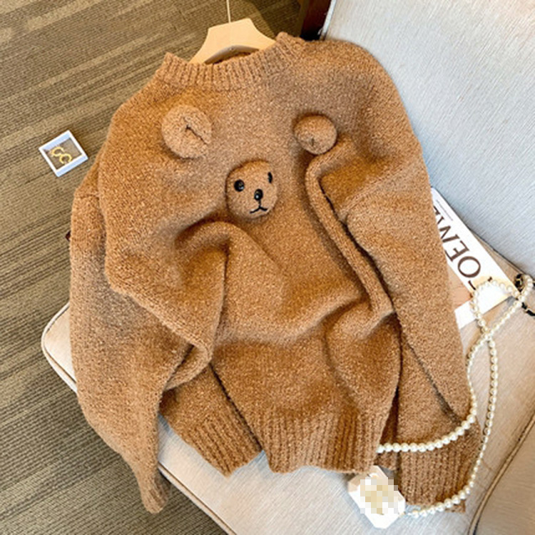 立体小熊毛衣女2021秋冬新款韩版宽松设计感套头中长款针织衫