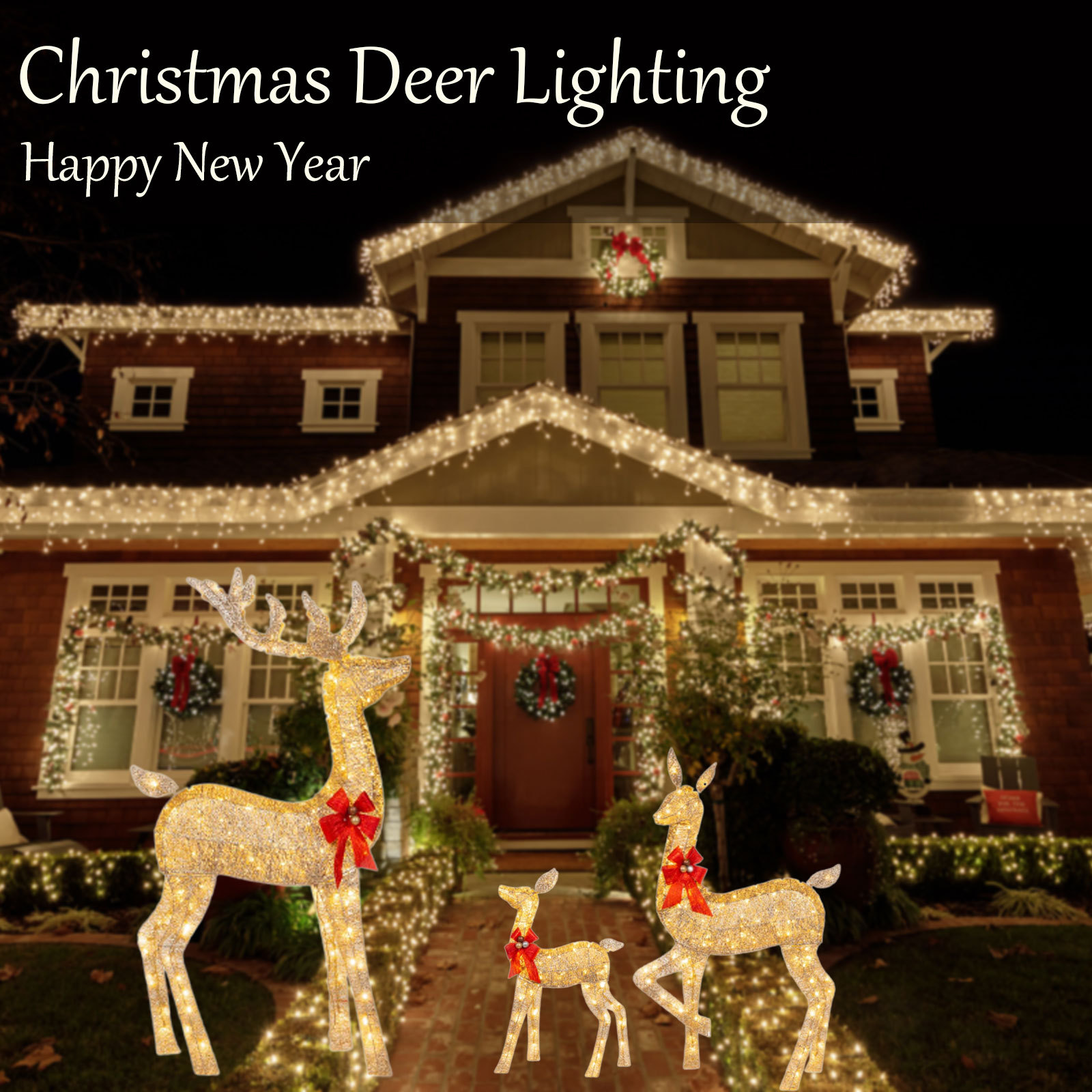 跨境新品Christmas Deer Lighting Happy New Year花园圣诞发光鹿