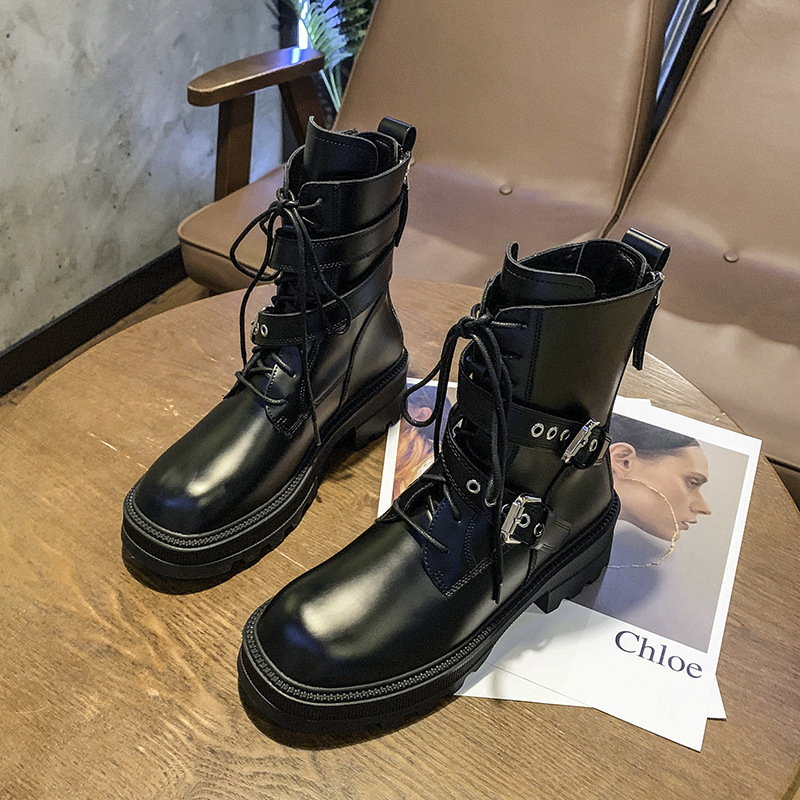 2021年新款开边珠厚底真皮马丁靴女中筒英伦风机车靴百搭炸街短靴