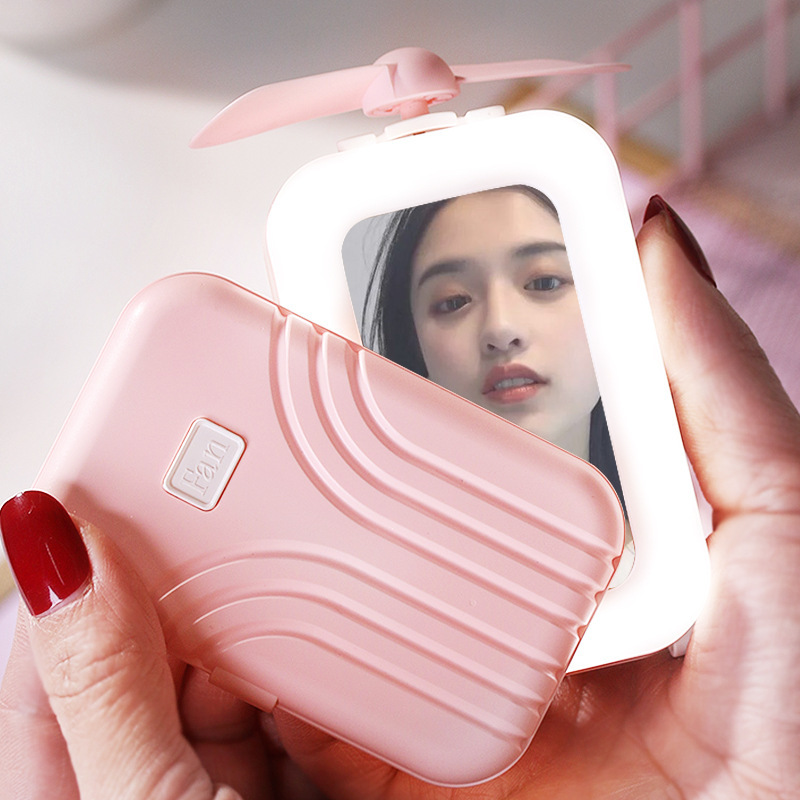 行李箱LED美妆镜风扇usb充电迷你手持风扇旅行箱便携式小风扇