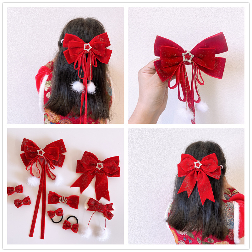 秋冬新年节日亮丝丝绒多层蝴蝶结发夹白毛皇冠发绳大红发饰套装