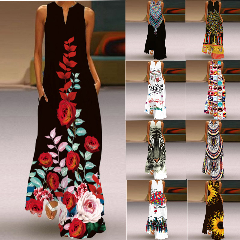 2021新款夏季女装无袖长裙v领印花翠花连衣裙欧美跨境外贸女装