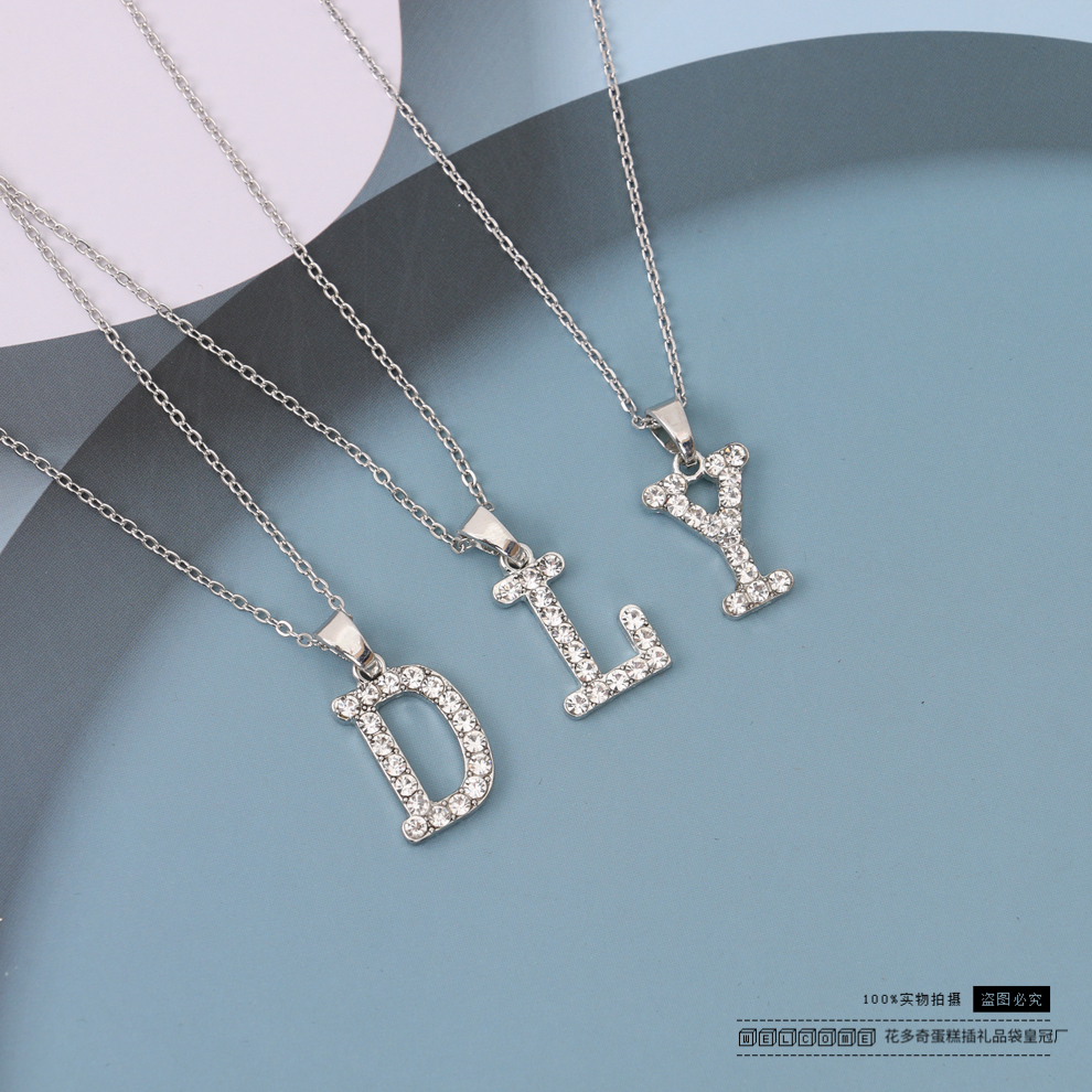 跨境满钻英文字母项链 各式银色款英文项链女 DIY吊坠镶钻锁骨链