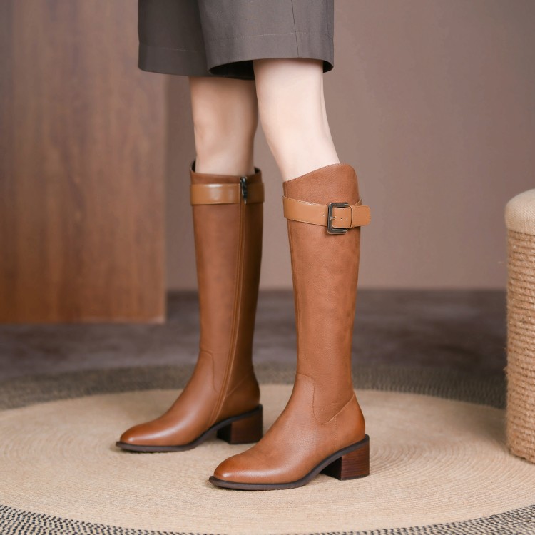一件代发不过膝长靴女冬季新款粗腿皮带扣复古高筒靴平底骑士靴