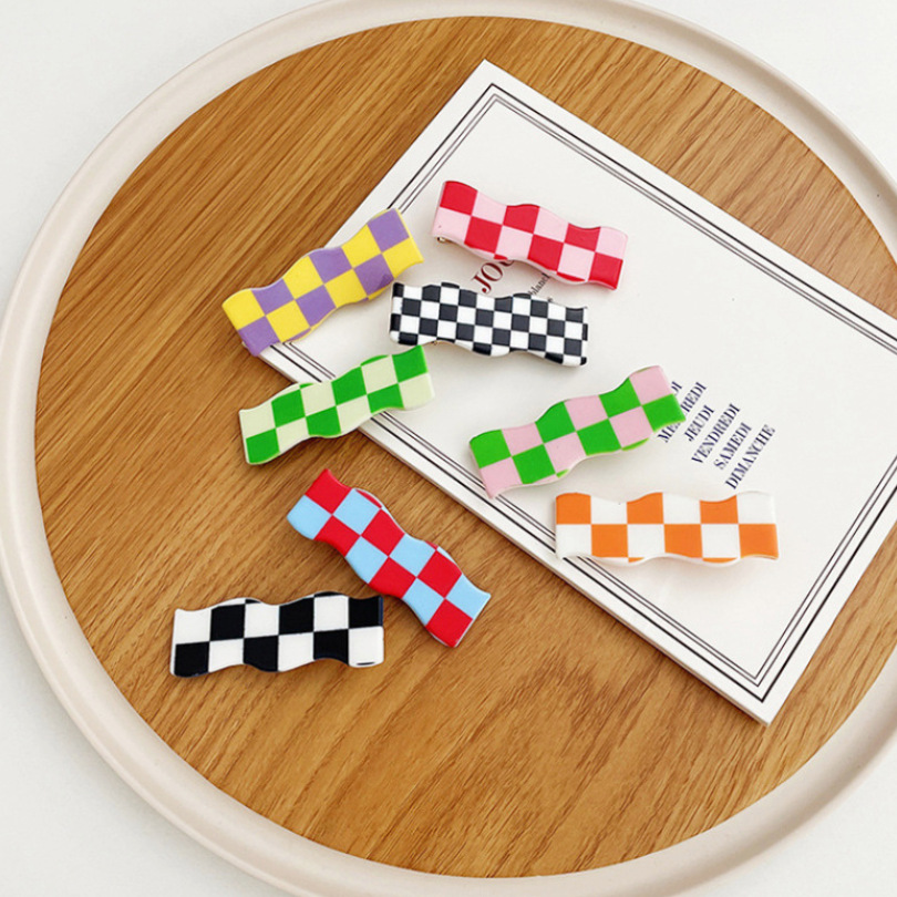 ins网红波浪棋盘格发夹发饰潮女甜美百搭刘海夹彩色格子边夹发卡