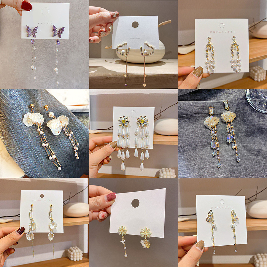 925银针气质珍珠流苏长款耳环女感法式耳坠珍珠流苏耳饰集合