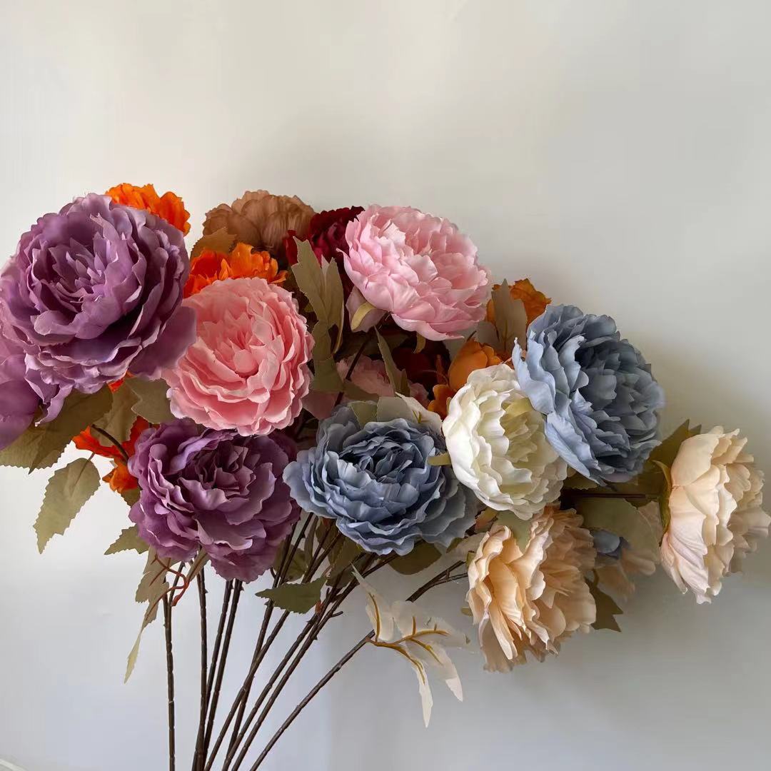 仿真花3头大牡丹 婚礼堂装饰道具插花 厂家直发背景装饰假花绢花