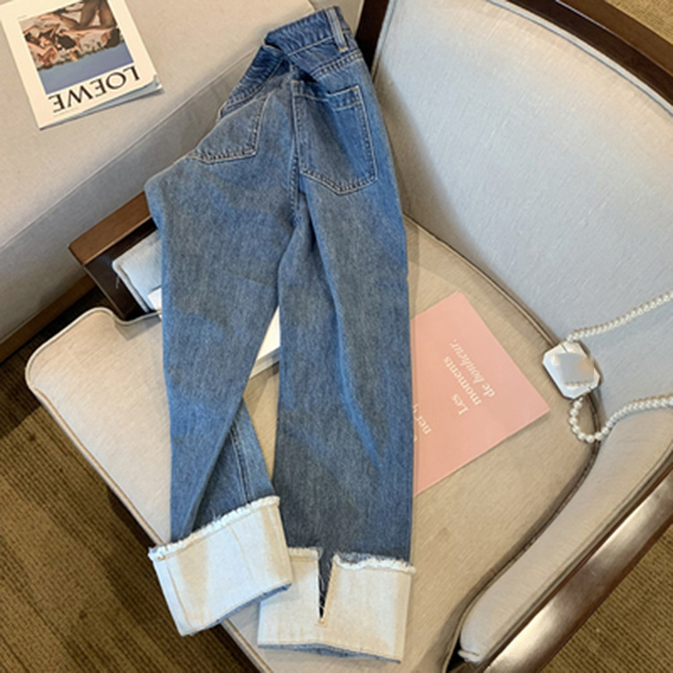 拼接翻边设计牛仔裤女小众复古春秋显瘦B搭休闲直筒阔腿裤子高腰
